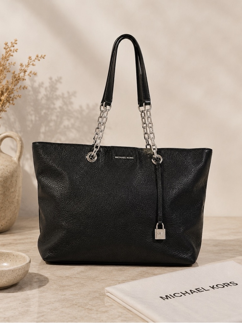 Michael Kors Mercer Chain Link Black Leather tote
